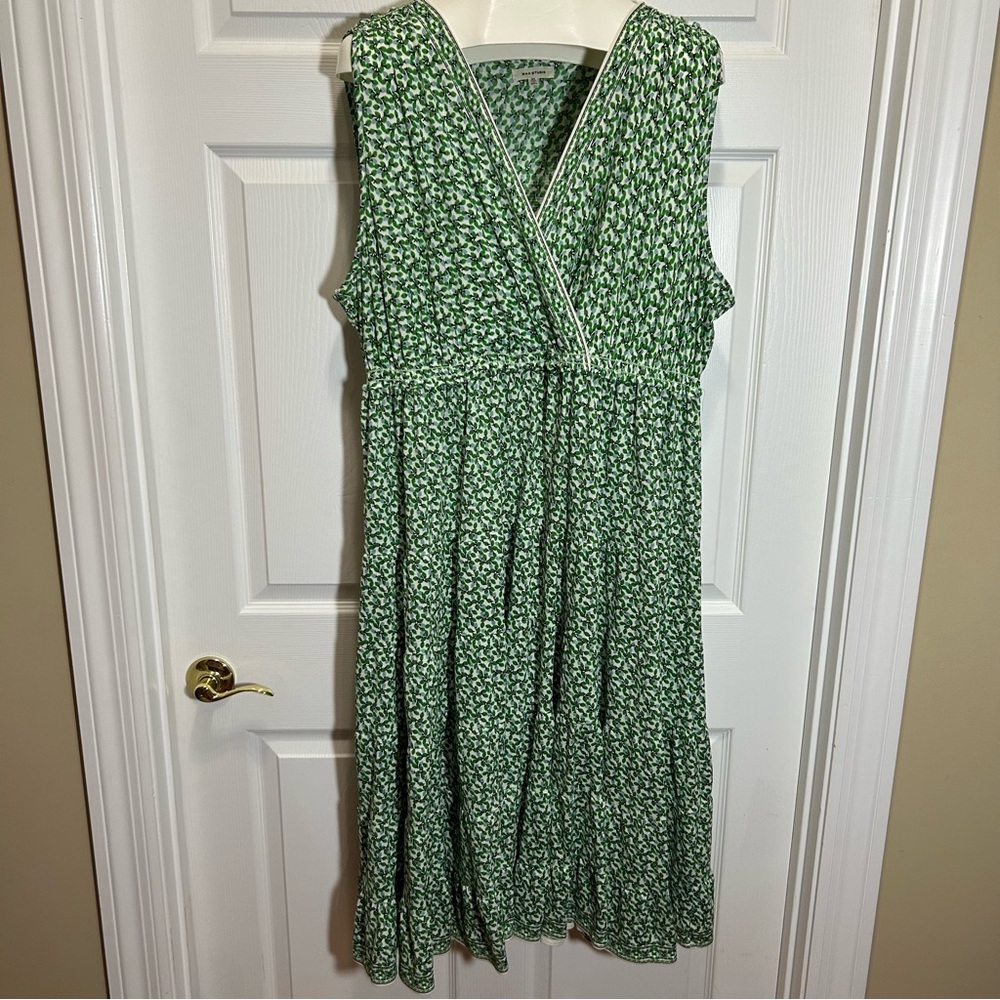 Max Studio Green and White Midi Faux Wrap Dress